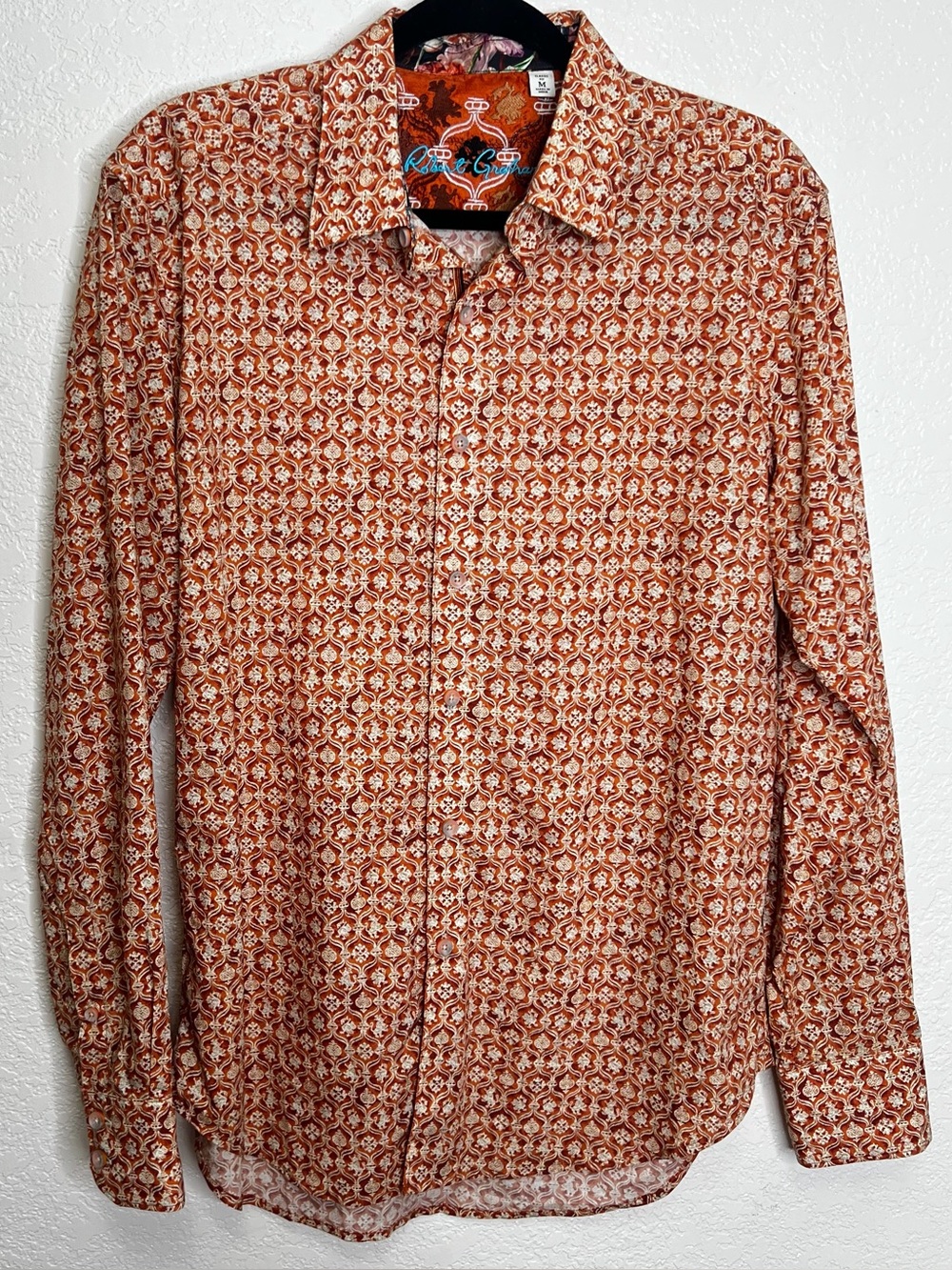 Robert Graham Medallion Floral Flip Cuff Button Down Shirt Orange Mens Sz M - Picture 2 of 12